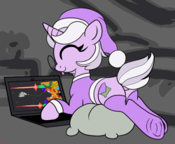 Size: 4400x3600 | Tagged: safe, artist:littlenaughtypony, imported from derpibooru, oc, oc only, oc:cushy dreams, pony, unicorn, :p, animated, butt, clothes, computer, cute, dock, frog (hoof), game, gif, glasses, hat, laptop computer, ocbetes, playing, plot, shaking hoof, smiling, socks, tail, tongue out, underhoof, wiggling