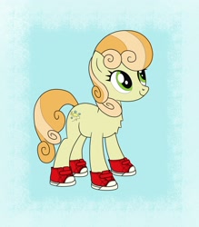 Size: 1824x2081 | Tagged: safe, artist:anonymous, imported from twibooru, junebug, earth pony, pony, clothes, cute, female, image, mare, needs more jpeg, shoes, smiling, solo, standing