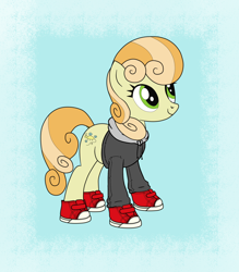 Size: 1824x2081 | Tagged: safe, artist:anonymous, edit, imported from twibooru, junebug, earth pony, pony, clothes, cute, female, hoodie, image, mare, png, shoes, smiling, solo, standing