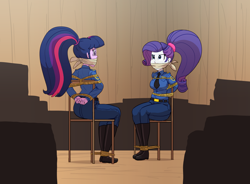 Size: 5754x4243 | Tagged: safe, artist:carnifex, imported from derpibooru, rarity, twilight sparkle, human, equestria girls, arm behind back, belt, bondage, boots, bound and gagged, cloth gag, clothes, denim, gag, jeans, necktie, pants, police, ponytail, shirt, shoes, tied to chair, tied up