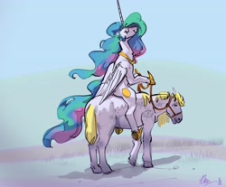 Size: 4096x3398 | Tagged: safe, artist:alumx, imported from derpibooru, princess celestia, alicorn, horse, pony, butt, eyes closed, female, high res, hoof hold, horse riding a horse, majestic as fuck, mare, plot, ponies riding horses, reins, riding, smiling