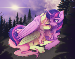 Size: 3500x2760 | Tagged: safe, artist:yumkandie, imported from derpibooru, fluttershy, twilight sparkle, alicorn, pegasus, pony, blushing, chest fluff, cloud, commission, cuddling, duo, duo female, ear fluff, eyebrows, eyes closed, female, folded wings, forest, freckles, high res, hug, lens flare, lesbian, lying down, mare, one eye closed, prone, shipping, signature, sky, smiling, sun, tree, twilight sparkle (alicorn), twishy, winghug, wings