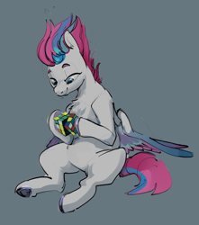 Size: 4265x4821 | Tagged: safe, artist:alumx, imported from derpibooru, zipp storm, pegasus, pony, absurd resolution, belly, colored wings, dexterous hooves, eyebrows, female, g5, gray background, hoof hold, mare, multicolored wings, partially open wings, rubik's cube, simple background, sitting, smiling, solo, wings