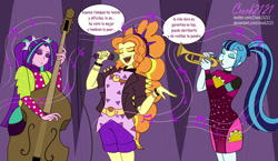 Size: 1173x681 | Tagged: safe, artist:crock2121, imported from derpibooru, adagio dazzle, aria blaze, sonata dusk, human, comic:another world, equestria girls, equestria girls series, spoiler:eqg series (season 2), double bass, female, greenbutt pants, microphone, music festival outfit, music notes, musical instrument, singing, spanish, taco dress, translation request, trio, trumpet