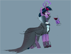 Size: 4173x3210 | Tagged: safe, artist:alumx, imported from derpibooru, twilight sparkle, alicorn, bat pony, bat pony alicorn, pony, bat ponified, bat wings, bowtie, cloak, clothes, collar, fangs, female, glass, gray background, hand, high res, horn, magic, magic hands, mare, open mouth, open smile, race swap, simple background, smiling, solo, twibat, wine glass, wings