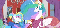 Size: 2163x1027 | Tagged: safe, artist:thelunarmoon, imported from derpibooru, princess celestia, twilight sparkle, oc, oc:lunar moon, alicorn, pony, unicorn, chandelier, clothes, colored, coronation dress, crown, dancing, dress, female, gala dress, glasses, grin, jewelry, male, mare, mother and child, mother and son, offspring, parent:princess celestia, regalia, second coronation dress, sketch, smiling, sparkly mane, stallion, sternocleidomastoid, traditional art, window