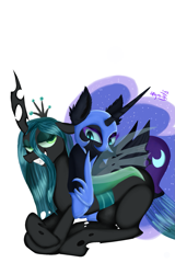Size: 1275x1997 | Tagged: safe, artist:4agonism, imported from derpibooru, nightmare moon, queen chrysalis, alicorn, changeling, changeling queen, pony, antagonist, chrysmoon, crossed arms, cuddling, duo, evil grin, female, folded wings, grin, horn, jewelry, lesbian, lying down, on top, prone, regalia, shipping, signature, simple background, smiling, those gay horses, white background, wings