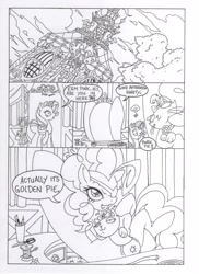 Size: 2544x3504 | Tagged: safe, artist:mohawkrex, imported from derpibooru, opalescence, pinkie pie, rarity, earth pony, pony, unicorn, comic:a piece of pie, black and white, carousel boutique, comic, eyepatch, female, golden pie, goldeneye, grayscale, mare, monochrome, pun, punny name, sitting, traditional art