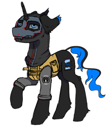 Size: 2095x2480 | Tagged: safe, artist:hrabiadeblacksky, imported from derpibooru, oc, oc only, oc:hrabia de black sky, ghost, hybrid, original species, pony, undead, unicorn, derpibooru community collaboration, 2023 community collab, blood, blue eyes, call of duty, call of duty: modern warfare 2, clothes, hourglass, male, mask, red paint, shadow company, simple background, solo, stallion, transparent background, uniform, vest