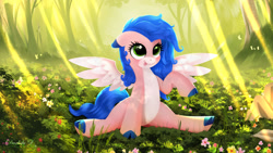 Size: 2400x1350 | Tagged: safe, artist:darksly, imported from derpibooru, oc, oc only, butterfly, pegasus, pony, cloven hooves, crepuscular rays, flower, forest, pale belly, raised hoof, solo