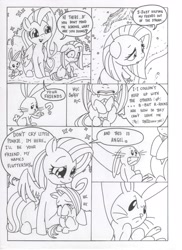 Size: 2544x3504 | Tagged: safe, artist:mohawkrex, imported from derpibooru, fluttershy, pinkie pie, bird, earth pony, pegasus, pony, unicorn, comic:a piece of pie, black and white, comic, cute, cuteamena, female, filly, foal, grayscale, mare, monochrome, pinkamena diane pie, sad, traditional art