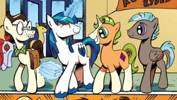 Size: 1334x750 | Tagged: safe, artist:andypriceart, idw, imported from derpibooru, gaffer, gizmo, shining armor, earth pony, pegasus, pony, unicorn, neigh anything, spoiler:comic, spoiler:comic11, 8-bit (g4), cropped, g4, group, male, quartet, stallion, younger