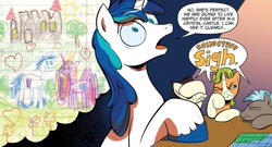 Size: 1334x720 | Tagged: safe, artist:andypriceart, idw, imported from derpibooru, gaffer, gizmo, shining armor, earth pony, pegasus, pony, unicorn, neigh anything, spoiler:comic, spoiler:comic11, 8-bit (g4), crayon drawing, dialogue, g4, group, male, quartet, speech bubble, stallion, thought bubble, traditional art, younger