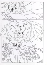 Size: 2544x3504 | Tagged: safe, artist:mohawkrex, imported from derpibooru, angel bunny, fluttershy, pinkie pie, earth pony, pegasus, pony, comic:a piece of pie, alternate hairstyle, black and white, choker, comic, female, filly, filly pinkie pie, foal, grayscale, mare, monochrome, pinkamena diane pie, traditional art, trio, younger