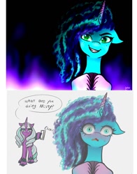 Size: 1074x1368 | Tagged: safe, artist:petaltwinkle, imported from derpibooru, opaline arcana, alicorn, pony, unicorn, spoiler:g5, spoiler:my little pony: make your mark, 2 panel comic, blushing, click, comic, dark, duo, duo female, evil grin, female, g5, grin, light switch, mare, misty brightdawn, plotting, smiling, speech bubble