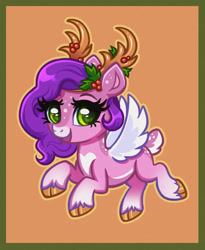 Size: 809x988 | Tagged: safe, artist:confetticakez, imported from derpibooru, pipp petals, deer, deer pony, original species, peryton, reindeer, adorapipp, antlers, christmas, cloven hooves, cute, female, freckles, g5, holiday, holly, markings, open mouth, orange background, reindeerified, simple background, solo, species swap