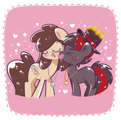 Size: 1040x1031 | Tagged: safe, artist:typhwosion, imported from derpibooru, oc, oc only, oc:louvely, oc:varan, pony, commission, duo, eyes closed, hat, jewelry, kissing, necklace