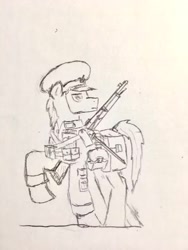 Size: 1080x1440 | Tagged: safe, artist:bright banner, imported from derpibooru, oc, oc only, oc:bright banner, pony, clothes, gun, male, monochrome, pencil drawing, rifle, soldier, solo, traditional art, uniform, weapon