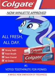 Size: 1138x1600 | Tagged: safe, artist:bonemareoh, imported from derpibooru, minuette, pony, unicorn, advertisement, slogan, smiling, solo, teeth, toothbrush, toothpaste