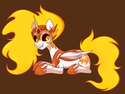 Size: 2400x1800 | Tagged: safe, artist:handgunboi, imported from derpibooru, daybreaker, alicorn, pony, armor, brown background, dark sclera, fangs, female, grin, helmet, looking at you, lying down, prone, simple background, smiling, solo