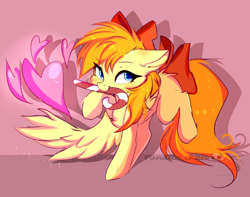 Size: 3920x3090 | Tagged: safe, artist:2pandita, imported from derpibooru, oc, oc only, oc:deliambre, pegasus, pony, bow, candy, candy cane, food, hair bow, heart, solo, tail, tail bow