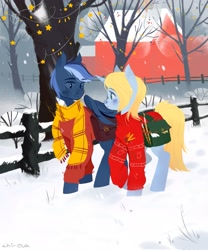 Size: 1707x2048 | Tagged: safe, artist:hichieca, imported from derpibooru, oc, oc only, pegasus, pony, unicorn, bag, blushing, clothes, fence, looking at each other, looking at someone, saddle bag, scarf, snow, snowfall, tree