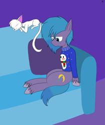 Size: 2002x2388 | Tagged: safe, artist:madtown97, imported from derpibooru, oc, oc:oleander nightshade, cat, earth pony, spoiler:g5, clothed ponies, clothes, couch, g5, solo, sweater, two toned mane