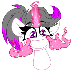 Size: 1770x1786 | Tagged: safe, artist:nekro-led, imported from derpibooru, oc, oc only, oc:hazel radiate, pony, unicorn, bust, commission, commissioner:biohazard, cute, ear fluff, eyebrows, eyebrows visible through hair, eyelashes, glowing, glowing horn, hand, highlights, horn, magic, magic hands, ponytail, portrait, purple eyes, simple background, smiling, transparent background, unicorn oc, wingding eyes, ych result