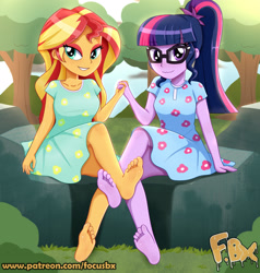 Size: 2362x2480 | Tagged: safe, artist:focusb, imported from derpibooru, sci-twi, sunset shimmer, twilight sparkle, human, equestria girls, barefoot, clothes, duo, feet, female, fetish, foot fetish, footsie, glasses, grass, high res, lesbian, missing shoes, patreon, rock, scitwishimmer, shipping, sitting, smiling, sunsetsparkle, tree, url, watermark