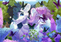 Size: 3870x2700 | Tagged: safe, artist:medkit, imported from derpibooru, oc, oc only, butterfly, insect, pegasus, pony, big eyes, blue sky, cloud, complex background, duo, eyes open, female, fence, flower, garden, giggling, grass, hair over one eye, happy, high res, hoof on cheek, hoof over mouth, hug, insect on ear, insect on flower, insect on nose, leaves, lilac, male, mare, open mouth, paint tool sai 2, pair, partially open wings, raised hoof, scrunchie, smiling, speedpaint, stallion, tail, tree, wings, wondering
