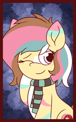 Size: 1200x1920 | Tagged: safe, artist:thebadbadger, imported from derpibooru, oc, oc only, oc:ponpunch, pony, clothes, one eye closed, scarf, solo, striped scarf, wink