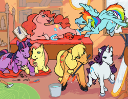 Size: 1102x854 | Tagged: safe, artist:couch-house, imported from derpibooru, applejack, fluttershy, pinkie pie, rainbow dash, rarity, twilight sparkle, earth pony, pegasus, pony, unicorn, bucket, farrier, female, hammer, hooficure, horseshoes, lying down, mane six, mare, mirror, mouth hold, nail, nail file, prone, underhoof