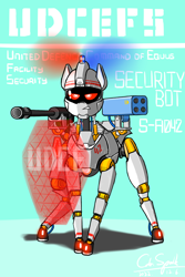 Size: 4000x6000 | Tagged: safe, artist:cdrspark, imported from derpibooru, object pony, original species, pony, robot, robot pony, autocannon, force field, grenade launcher, military, ponified, security guard, simple background, solo, u.d.c.e., weapon