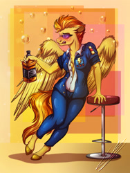 Size: 3000x4000 | Tagged: safe, artist:lupiarts, imported from derpibooru, spitfire, anthro, pegasus, absolute cleavage, alcohol, braless, breasts, bubble, cleavage, clothes, digital art, drunk, jack daniels, open clothes, open shirt, spread wings, tipsy, uniform, wings, wonderbolts, wonderbolts uniform