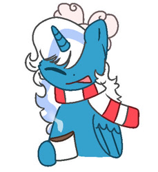 Size: 428x468 | Tagged: safe, artist:lilystarflower, imported from derpibooru, oc, oc:fleurbelle, alicorn, adorabelle, alicorn oc, bow, chocolate, clothes, cute, female, food, hair bow, horn, hot chocolate, mare, mug, ocbetes, scarf, simple background, striped scarf, white background, wings