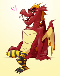 Size: 685x864 | Tagged: safe, artist:spunkywulf, imported from derpibooru, garble, dragon, clothes, gradient background, heart, male, sitting, socks, solo, striped socks