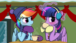 Size: 8369x4707 | Tagged: safe, alternate version, artist:dacaoo, imported from derpibooru, rainbow dash, twilight sparkle, alicorn, pegasus, pony, best gift ever, blushing, chocolate, clothes, cup, cute, duo, duo female, earmuffs, eye clipping through hair, eyebrows, eyebrows visible through hair, female, food, hat, hot chocolate, lesbian, magic, mistletoe, scarf, shipping, shoes, spread wings, striped scarf, telekinesis, this will end in kisses, twidash, twilight sparkle (alicorn), wallpaper, wings, winter outfit