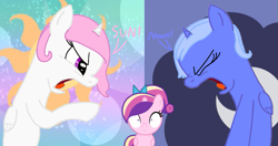 Size: 841x445 | Tagged: safe, artist:99, edit, editor:pagiepoppie12345, imported from derpibooru, princess cadance, princess celestia, princess luna, alicorn, pony, angry, argument, bow, dialogue, eyes closed, female, filly, filly cadance, filly celestia, filly luna, foal, hair bow, horn, mare, moon, pink-mane celestia, pinpoint eyes, ponytail, royal sisters, s1 luna, sibling rivalry, siblings, sisters, sun, sun vs moon, text, watching, why not both, wings, yelling, young cadance, young celestia, young luna, younger