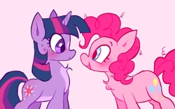 Size: 2048x1280 | Tagged: safe, artist:alexbeeza, imported from derpibooru, pinkie pie, twilight sparkle, earth pony, pony, unicorn, friendship is magic, 2022, abstract background, blushing, chest fluff, coat markings, duo, duo female, female, looking at each other, looking at someone, mare, open mouth, open smile, pink background, simple background, smiling, sweat, sweatdrop, unicorn twilight