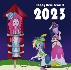 Size: 2800x2748 | Tagged: safe, artist:bageloftime, imported from derpibooru, pinkie pie, rainbow dash, twilight sparkle, alicorn, human, equestria girls, 2023, abuse, alcohol, bondage, clothes, coronation, coronation dress, dress, drunk, drunk twilight, drunker dash, female, fireworks, go to sleep svengallop, gown, happy new year, happy new year 2023, holiday, humanized, long dress, long skirt, pinkiebuse, rainbow douche, rocket, skirt, tied up, twibitch sparkle, twilight sparkle (alicorn)