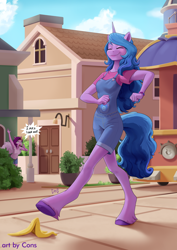 Size: 3508x4960 | Tagged: safe, artist:pwnagespartan, imported from derpibooru, izzy moonbow, pipp petals, anthro, pegasus, unguligrade anthro, unicorn, adorapipp, banana, banana peel, clothes, cute, eyes closed, female, food, g5, mare, moments before disaster, open mouth, overall shorts, overalls, plant, potted plant, smiling, this will end in pain, this will end in pain and/or death, underhoof, unshorn fetlocks, walking