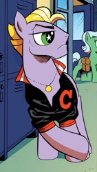 Size: 750x1334 | Tagged: safe, artist:andypriceart, idw, imported from derpibooru, buck withers, earth pony, pony, neigh anything, spoiler:comic, spoiler:comic11, chad, clothes, cropped, g4, jacket, jewelry, male, necklace, solo focus, stallion, starry eyes, varsity jacket, wingding eyes