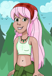 Size: 738x1080 | Tagged: safe, artist:ocean lover, imported from derpibooru, raspberry lilac, bird, human, equestria girls, background human, bandana, bare midriff, bare shoulders, beautiful, belly button, clothes, cloud, dark skin, female, forest, green eyes, human coloration, jacket, jewelry, lips, long hair, midriff, necklace, outdoors, pink hair, pretty, shiny skin, sky, smiling, solo, tanktop, tree