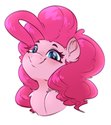 Size: 1600x1792 | Tagged: safe, artist:witchtaunter, imported from derpibooru, pinkie pie, earth pony, pony, blushing, bust, chest fluff, cute, ear fluff, eye clipping through hair, g4, looking at you, portrait, simple background, solo, white background