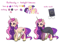 Size: 2246x1652 | Tagged: safe, artist:crumbelinadicarmello, imported from derpibooru, fluttershy, twilight sparkle, oc, alicorn, pony, unicorn, avatar maker fantasy pony, body markings, cloak, clothes, flower, flower in hair, flower petals, fusion, glasses, gradient legs, horn, kinsona, long mane, petals, reference sheet, request, simple background, solo, sweater, transparent background, twilight sparkle (alicorn), unicorn oc