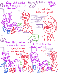 Size: 4779x6013 | Tagged: safe, artist:adorkabletwilightandfriends, imported from derpibooru, twilight sparkle, oc, oc:lawrence, alicorn, earth pony, pony, comic:adorkable twilight and friends, adorkable, adorkable twilight, canon x oc, clothes, comic, couple, cute, dating, dating sim, dork, dressing, dressing room, female, glasses, male, mare, necktie, potted plant, question, sign, silly, sitting, slice of life, smiling, socks, stallion, store, straight, tail, tugging, twilight sparkle (alicorn), waiting