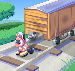 Size: 2000x1904 | Tagged: safe, artist:trackheadtherobopony, imported from derpibooru, oc, oc:trackhead, original species, pony, robot, robot pony, wheelpone, prehensile tail, railroad, solo, tail, wagon