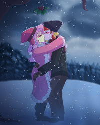 Size: 2000x2500 | Tagged: safe, artist:lionbun, imported from derpibooru, fluttershy, oc, oc:lucky charm, human, blushing, canon x oc, clothes, commission, couple, female, holly, holly mistaken for mistletoe, hug, humanized, kiss on the lips, kissing, male, snow, snowfall, straight, wholesome, winter, winter outfit