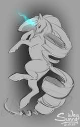 Size: 756x1200 | Tagged: safe, artist:sunny way, imported from derpibooru, oc, oc only, pony, unicorn, butt, cute, eyes closed, female, grace, grayscale, magic, mare, monochrome, partial color, patreon, patreon reward, plot, sketch, solo