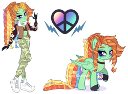 Size: 5589x4136 | Tagged: safe, artist:gihhbloonde, imported from derpibooru, oc, oc only, human, pegasus, pony, equestria girls, absurd resolution, adoptable, bomber jacket, choker, clothes, ear piercing, earring, equestria girls-ified, eyebrow piercing, feather, female, fingerless gloves, gloves, human ponidox, jacket, jewelry, magical lesbian spawn, mare, multicolored hair, necklace, offspring, pants, parent:rainbow dash, parent:tree hugger, parents:rainbowhugger, piercing, rainbow hair, raised hoof, self paradox, self ponidox, shoes, simple background, sneakers, socks, solo, sports bra, sunglasses, sweatpants, transparent background